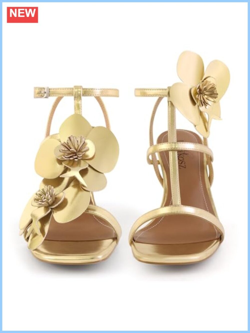 Women Strappy Heeled Sandals 3 inch Square Toe Floral Faux Leather